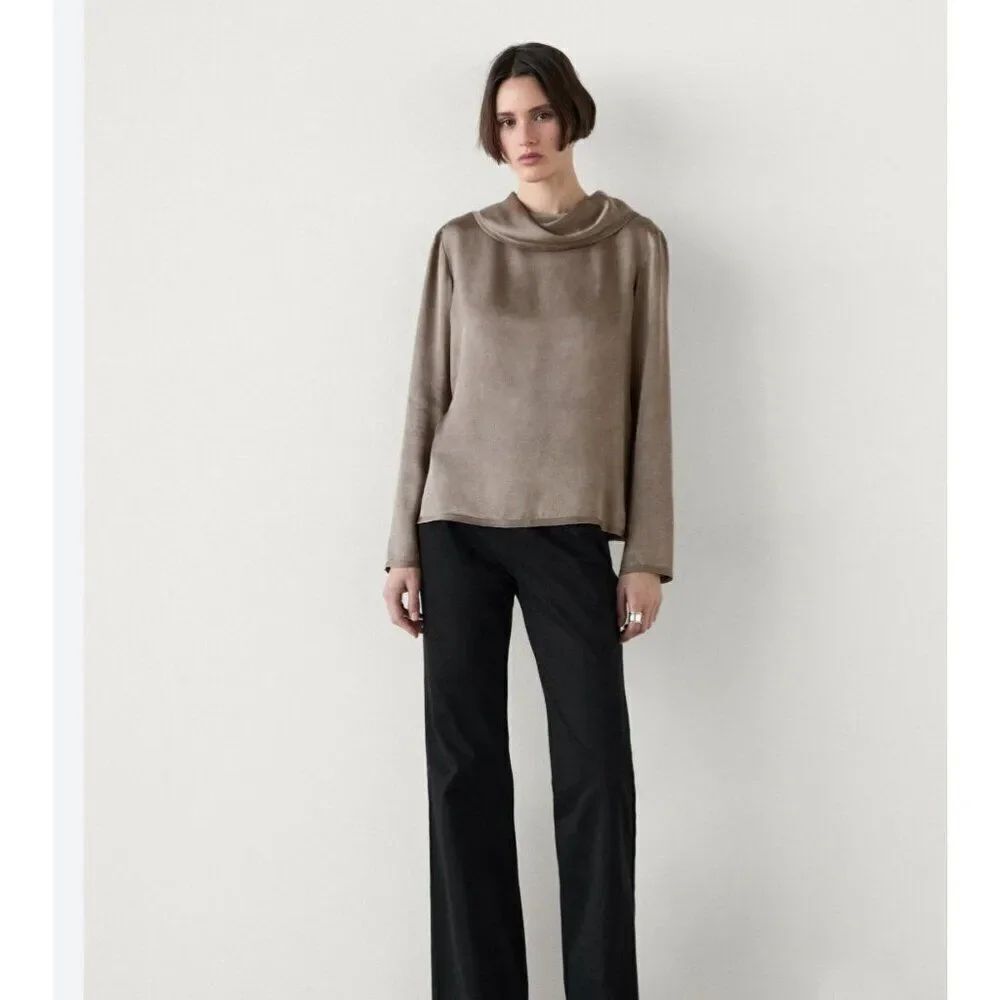 Massimo Dutti Womens Flowing Blouse S Small Brown Draped Collared 5105/805 NWOT